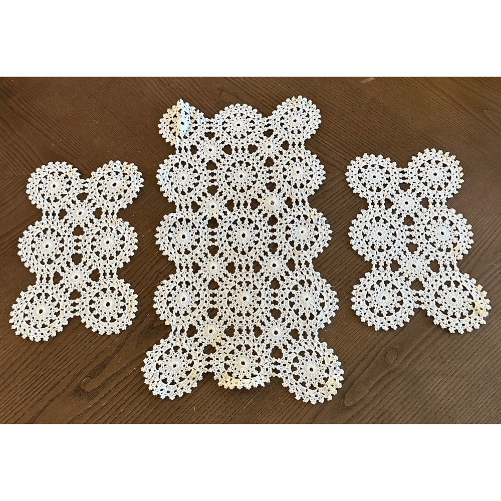 Vintage White Crochet Doily Set 3pc Medallion Lace Table Runner Dresser Scarves